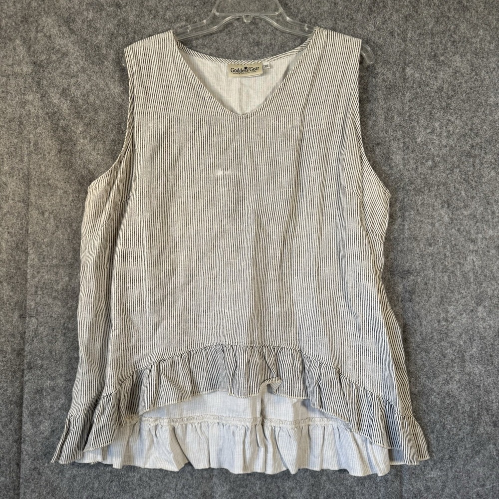 Goddess Gear Linen Sleeveless Boho Hippie Ruffle Top Womens 3x Gray Pinstripe